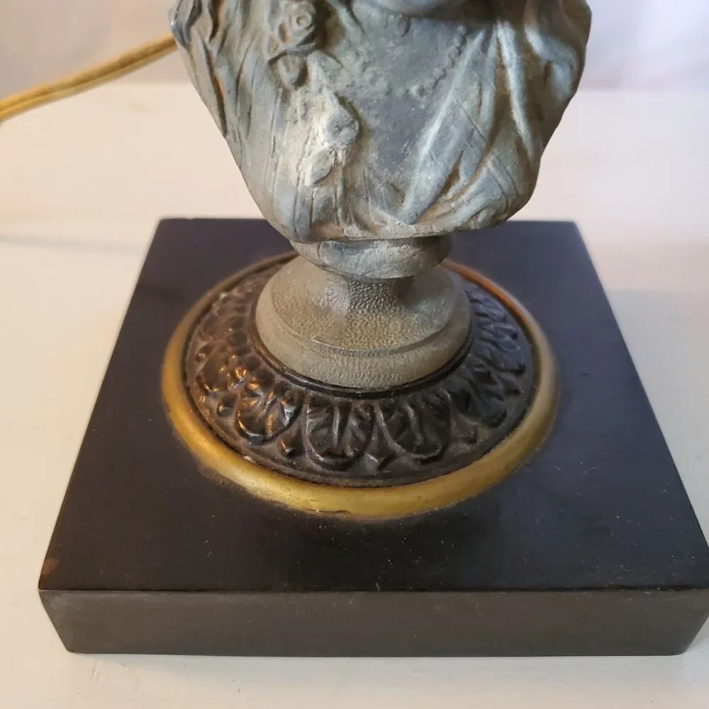 2 Antique Oil Electric Lamps Female Bust Spelter Metal Black & Brass Base Glass